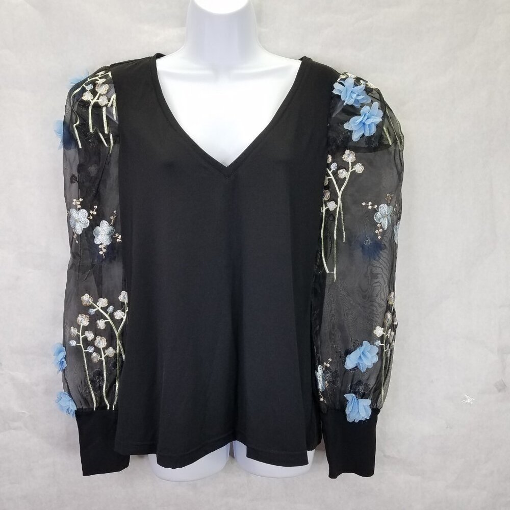 Boston Proper Blouse Sz L 3-D Floral Embellished Sheer Puff Sleeve Black Fairy
